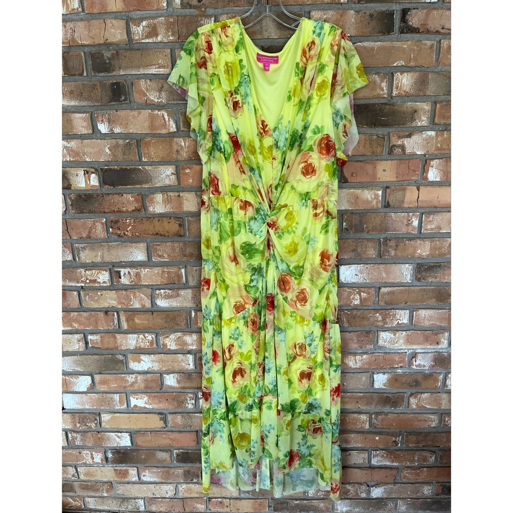 Isaac Mizrahi Live Yellow Floral Mesh Midi Dress XL Twist Knot Ruffle Hem